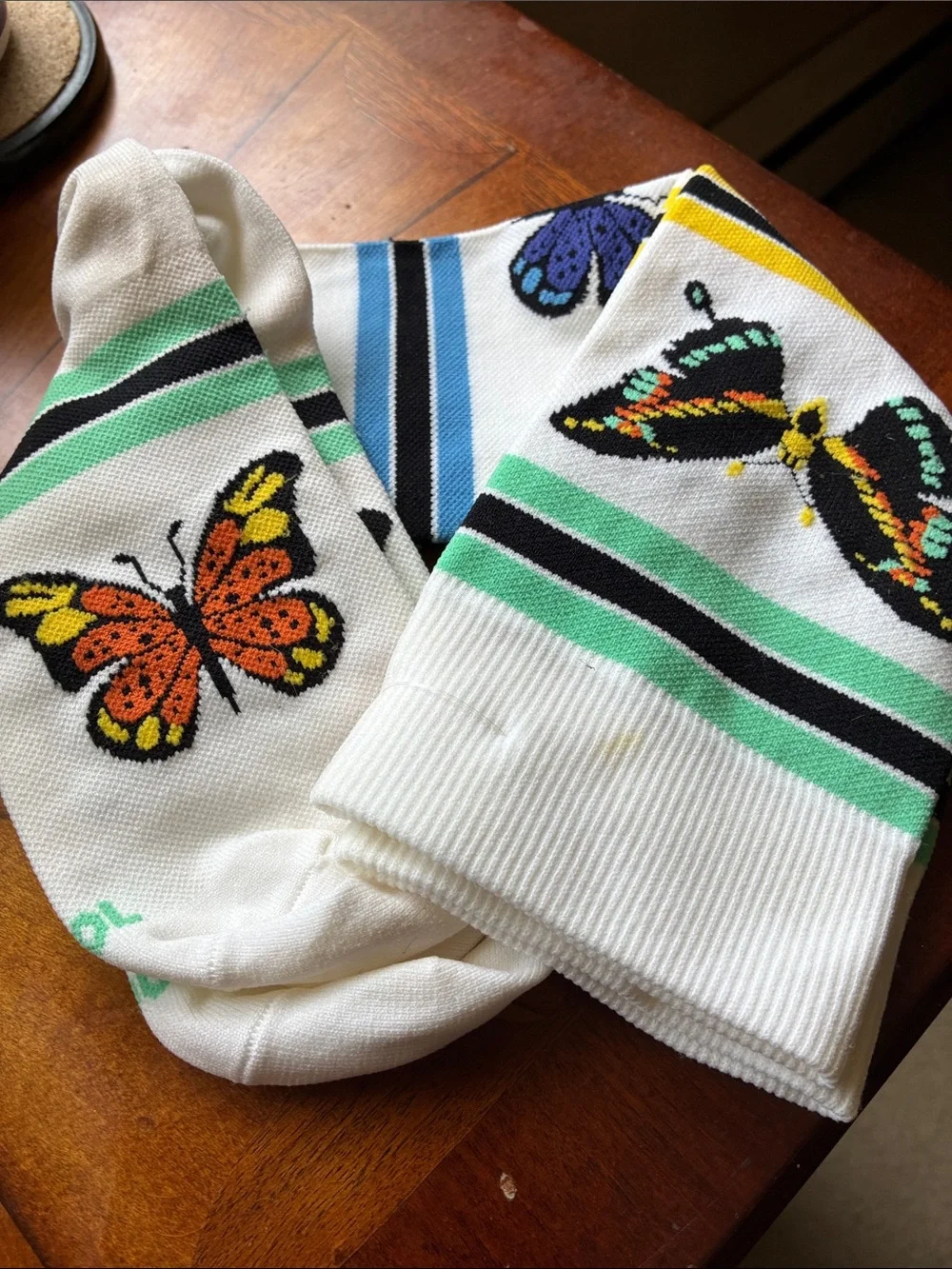 White Crew NWOT Socks with Orange & Yellow Butterfly Accent and Mint Stripes